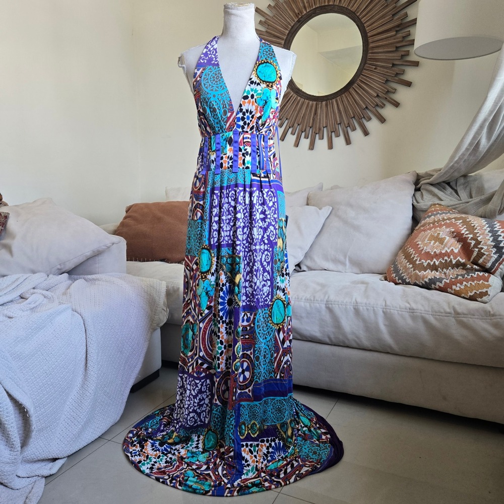 Blumarine Medium Designer Purple Geometric Stretchy Extra Long Maxi Halter Dress